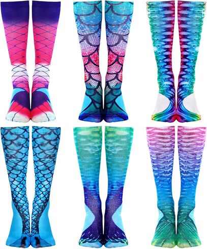 6 Pairs Kids Knee High Socks Gifts for Girls Cute Crazy Mermaid Unicorn Pattern Fun Novelty Socks for 3-12 Years in Saudi Arabia