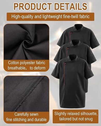 Cuffbow 3 حزمة المرأة معطف الشيف M حجم سترة الشيف قصيرة الأكمام أسود الجانب تنفيس المطبخ موحدة للإناث طهاة المطاعم تقديم الطعام in Kuwait