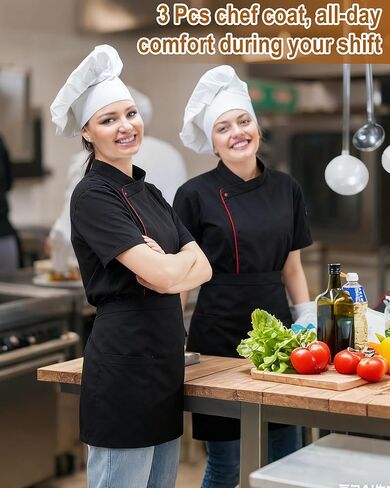 Cuffbow 3 حزمة المرأة معطف الشيف M حجم سترة الشيف قصيرة الأكمام أسود الجانب تنفيس المطبخ موحدة للإناث طهاة المطاعم تقديم الطعام in Kuwait