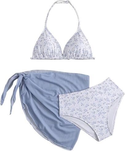 QJQ Girl's 3 Piece Cute Bikni Sets Disty Floral Halter Triangle High Waisted with Cover Up Skirts Summer Swimwear 2026 in Kuwait