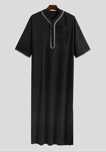 OMZIN Men's Middle East Beach Robe Summer V Neck Straight Thobe Traditional Plain Color Soft Kaftan in Saudi Arabia