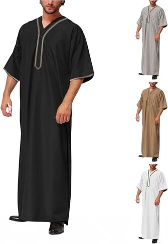 OMZIN Men's Middle East Beach Robe Summer V Neck Straight Thobe Traditional Plain Color Soft Kaftan in Saudi Arabia