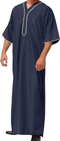 OMZIN Men's Middle East Beach Robe Summer V Neck Straight Thobe Traditional Plain Color Soft Kaftan in Saudi Arabia