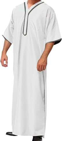 OMZIN Men's Middle East Beach Robe Summer V Neck Straight Thobe Traditional Plain Color Soft Kaftan in Saudi Arabia