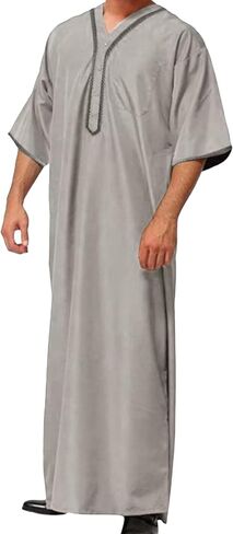 OMZIN Men's Middle East Beach Robe Summer V Neck Straight Thobe Traditional Plain Color Soft Kaftan in Saudi Arabia
