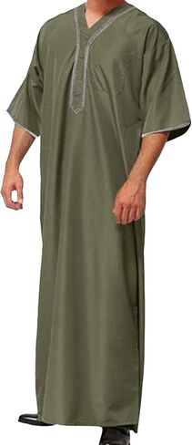 OMZIN Men's Middle East Beach Robe Summer V Neck Straight Thobe Traditional Plain Color Soft Kaftan in Saudi Arabia