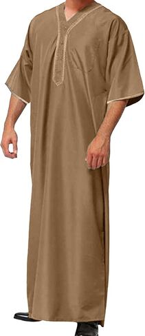OMZIN Men's Middle East Beach Robe Summer V Neck Straight Thobe Traditional Plain Color Soft Kaftan in Saudi Arabia