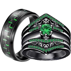 ringheart 2 Black Rings His and Hers Ring Couple Rings Purple Cz 3pcs Womens Wedding Ring Sets Titanium Steel Mens Wedding Bands