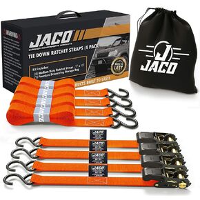 JACO Ratchet Tie Down Straps - 1 inch x 15 ft (4 Pack) | 1,823 lbs (Black)