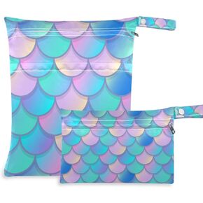Qilmy 2pcs Dinosaur Wet Dry Bag Waterproof Reusable Baby Cloth Diaper Wet Dry Organizer for Travel, Beach, Stroller, Diapers, Wet Swimsuits, Toiletries