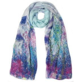 Dahlia Women's Long Sheer Silk Scarf - Long Sheer House with Bare Tree - Blue
