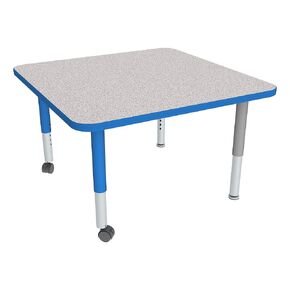 Sprogs Adjustable Height Mobile Classroom Activity Table for Preschools, Square Preschool Activity Table with Casters, 36" L x 36" W x 23" H, Gray/Blue