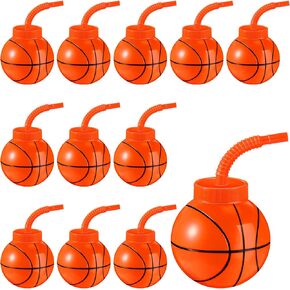 Amyhill 24 Set Basketball Cups Bulk with Straws and Lids 10 oz Plastic Reusable Basketball Ball Shape Cups Set Basketball Party Favors for Kids Birthday Sports Basketball Theme Party Supplies