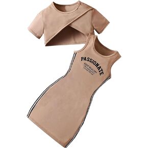Verdusa Girl's 2 Piece Outfits Letter Print Tank Dress and Crop Tee Top