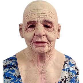 Old Man Mask Latex Elder Halloween Mask Old Person Cosplay Mask with Gray Wig