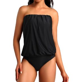 Chenghe Two Piece Bandeau Tankini Swimsuits for Women Loose Blouson Swim Top with Bikini Bottom Tummy Control Bathing Suits