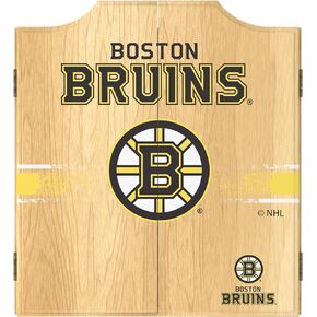 Trademark Global Dart Board Cabinet Set - Boston Bruins Logo Dart Board with 6 Steel Tip Darts, Scoreboard, Hanging Wood Cupboard