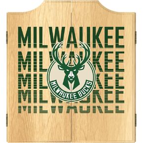 Trademark Global Dart Board Cabinet Set - Milwaukee Bucks City Dart Board with 6 Steel Tip Darts, Scoreboard, Hanging Wood Cupboard