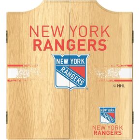 Trademark Global Dart Board Cabinet Set - New York Rangers Logo Dart Board with 6 Steel Tip Darts, Scoreboard, Hanging Wood Cupboard