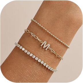 CUEZIY Initial Bracelets for Women 14K Gold Plated Layered Cubic Zirconia Tennis Bracelets Beaded Chain Bracelet Gold Letter Bracelet Set Dainty Gold Bracelets for Women Jewelry Gifts for Women