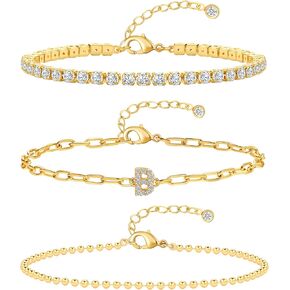 CUEZIY Initial Bracelets for Women 14K Gold Plated Layered Cubic Zirconia Tennis Bracelets Beaded Chain Bracelet Gold Letter Bracelet Set Dainty Gold Bracelets for Women Jewelry Gifts for Women in Kuwait