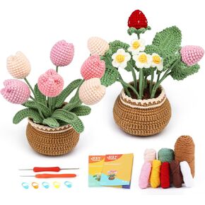 Iuuidu 2PCS Crochet Kits for Beginners, Strawberry Flower Crochet Kit, Crochet Starter Kit Potted Plants with Step-by-Step Video Tutorials for Mother's Day Gift in Kuwait
