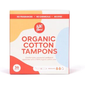 Aunt Flow Organic Cotton Tampons, Cardboard Applicator, Regular Absorbency, BPA-Free, Hypoallergenic, Unscented, 36 Count