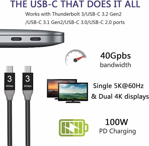 Thunderbolt 3 Cable 4ft (USB Type-C), Support 40Gbps Data Transfer, 5k 4K Video, Awnuwuy USB C to USB C TB3 Compatible with USB-C Docking Station/SSD/Monitor, External eGPU/Hard Drive, MacBook Pro Mac in Saudi Arabia