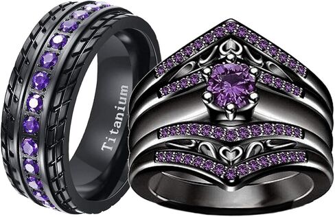 ringheart 2 Black Rings His and Hers Ring Couple Rings Purple Cz 3pcs Womens Wedding Ring Sets Titanium Steel Mens Wedding Bands in Saudi Arabia