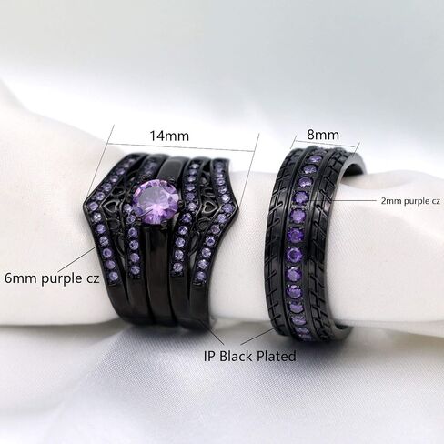 ringheart 2 Black Rings His and Hers Ring Couple Rings Purple Cz 3pcs Womens Wedding Ring Sets Titanium Steel Mens Wedding Bands in Saudi Arabia