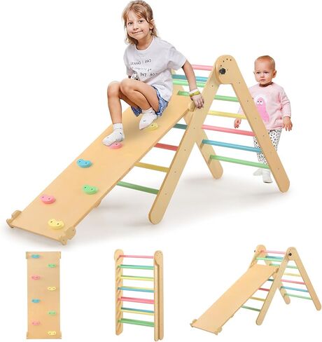 Pikler Triangle Set for Kids' Early Learning, 3 in 1 Wooden Foldable Montessori Climbing Toys Set with Ramp, and Climbing Triangle | Indoor Outdoor Playground Climbing Toys for Toddlers and Kids 1-7 in Saudi Arabia
