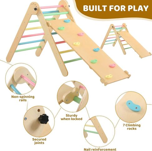Pikler Triangle Set for Kids' Early Learning, 3 in 1 Wooden Foldable Montessori Climbing Toys Set with Ramp, and Climbing Triangle | Indoor Outdoor Playground Climbing Toys for Toddlers and Kids 1-7 in Saudi Arabia