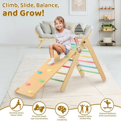 Pikler Triangle Set for Kids' Early Learning, 3 in 1 Wooden Foldable Montessori Climbing Toys Set with Ramp, and Climbing Triangle | Indoor Outdoor Playground Climbing Toys for Toddlers and Kids 1-7 in Saudi Arabia