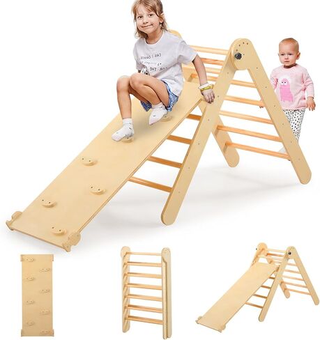 Pikler Triangle Set for Kids' Early Learning, 3 in 1 Wooden Foldable Montessori Climbing Toys Set with Ramp, and Climbing Triangle | Indoor Outdoor Playground Climbing Toys for Toddlers and Kids 1-7 in Saudi Arabia