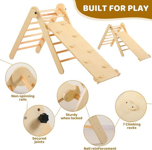 Pikler Triangle Set for Kids' Early Learning, 3 in 1 Wooden Foldable Montessori Climbing Toys Set with Ramp, and Climbing Triangle | Indoor Outdoor Playground Climbing Toys for Toddlers and Kids 1-7 in Saudi Arabia