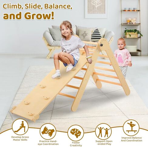 Pikler Triangle Set for Kids' Early Learning, 3 in 1 Wooden Foldable Montessori Climbing Toys Set with Ramp, and Climbing Triangle | Indoor Outdoor Playground Climbing Toys for Toddlers and Kids 1-7 in Saudi Arabia