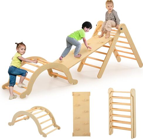 Pikler Triangle Set for Kids' Early Learning, 3 in 1 Wooden Foldable Montessori Climbing Toys Set with Ramp, and Climbing Triangle | Indoor Outdoor Playground Climbing Toys for Toddlers and Kids 1-7 in Saudi Arabia