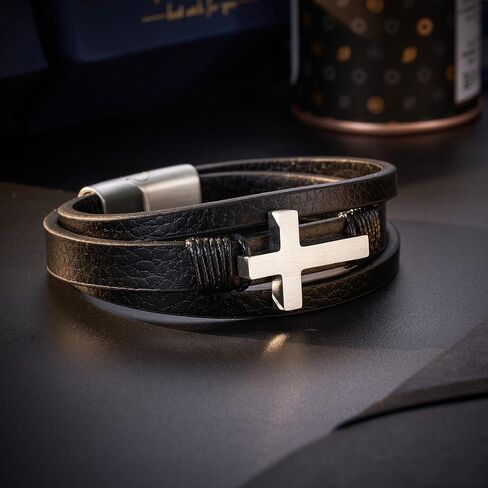 Jokkoi Cross Leather Bracelet for Dad | Son, Birthday Gifts for Men Easter Graduation Gifts for Son Bracelet from Mom Dad in Saudi Arabia