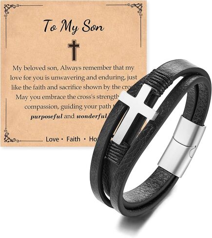 Jokkoi Cross Leather Bracelet for Dad | Son, Birthday Gifts for Men Easter Graduation Gifts for Son Bracelet from Mom Dad in Saudi Arabia