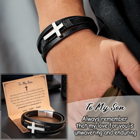Jokkoi Cross Leather Bracelet for Dad | Son, Birthday Gifts for Men Easter Graduation Gifts for Son Bracelet from Mom Dad in Saudi Arabia