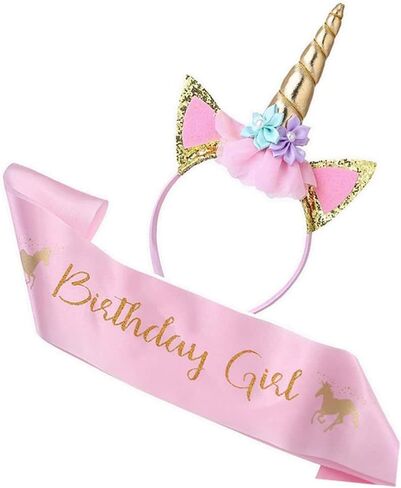 Unicorn Birthday Set of Gold Glitter Unicorn Headband Pink Satin Sash for Happy Birthday Unicorn Party Supplies Favors Decorations in Saudi Arabia