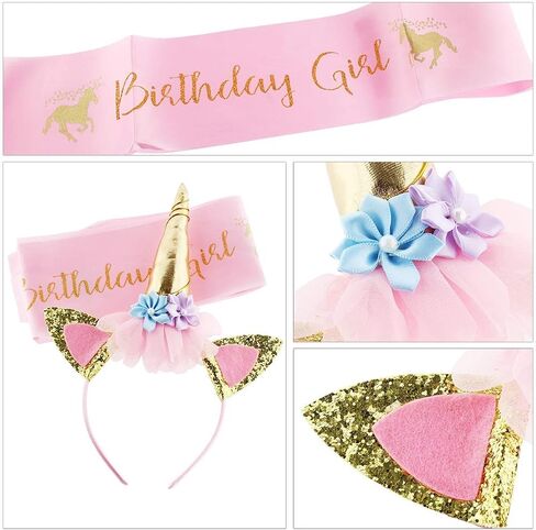 Unicorn Birthday Set of Gold Glitter Unicorn Headband Pink Satin Sash for Happy Birthday Unicorn Party Supplies Favors Decorations in Saudi Arabia