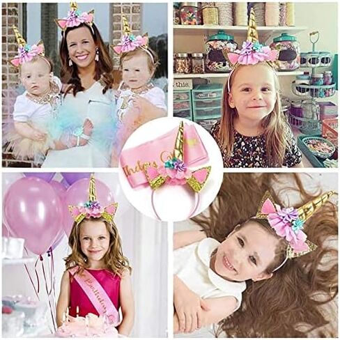 Unicorn Birthday Set of Gold Glitter Unicorn Headband Pink Satin Sash for Happy Birthday Unicorn Party Supplies Favors Decorations in Saudi Arabia