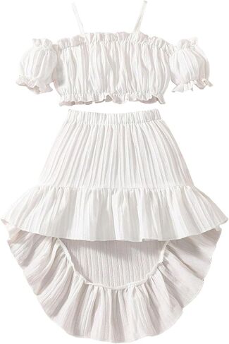 Floerns Toddler Girls 2 Piece Outfit Cold Shoulder Crop Blouse Top and Ruffle Hem Short Skirt Set in Saudi Arabia