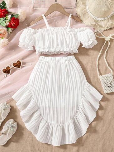 Floerns Toddler Girls 2 Piece Outfit Cold Shoulder Crop Blouse Top and Ruffle Hem Short Skirt Set in Saudi Arabia
