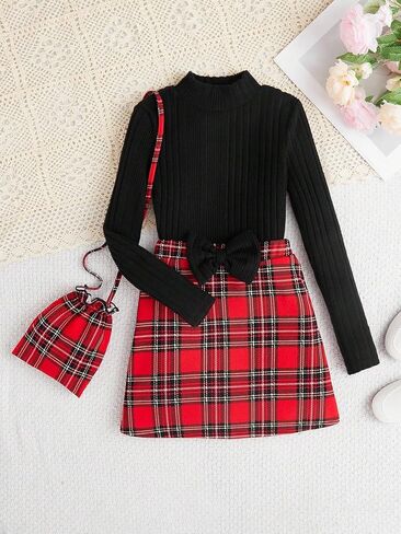 COZYEASE Girl's 3 Piece Set Long Sleeve Ribbed Knit Stand Collar Tops and Bow Front Mini Plaid Skirt with Bag in Saudi Arabia