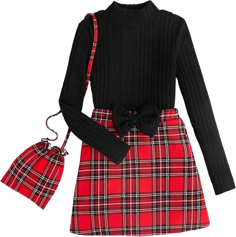 COZYEASE Girl's 3 Piece Set Long Sleeve Ribbed Knit Stand Collar Tops and Bow Front Mini Plaid Skirt with Bag in Saudi Arabia
