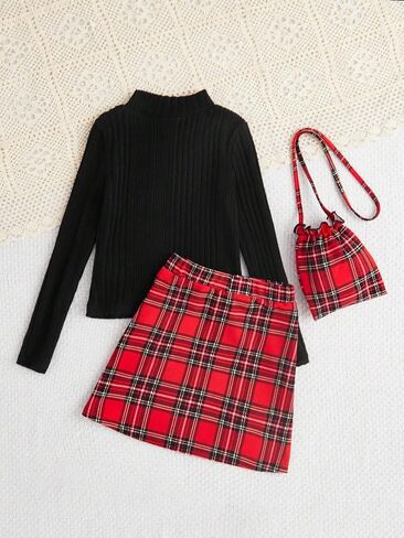 COZYEASE Girl's 3 Piece Set Long Sleeve Ribbed Knit Stand Collar Tops and Bow Front Mini Plaid Skirt with Bag in Saudi Arabia