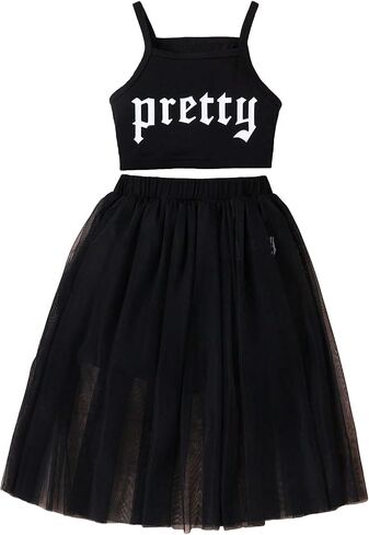 Verdusa Girl's 2 Piece Outfits Letter Print Sleeveless Cami Top and Overlay Mesh Skirt Set in Saudi Arabia