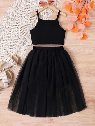 Verdusa Girl's 2 Piece Outfits Letter Print Sleeveless Cami Top and Overlay Mesh Skirt Set in Saudi Arabia